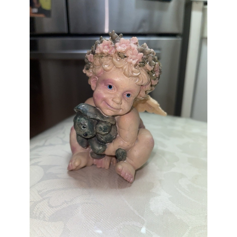 Vintage Cherub Angel Figurine – Heavy Resin Holding Teddy Bear Collectible Decor